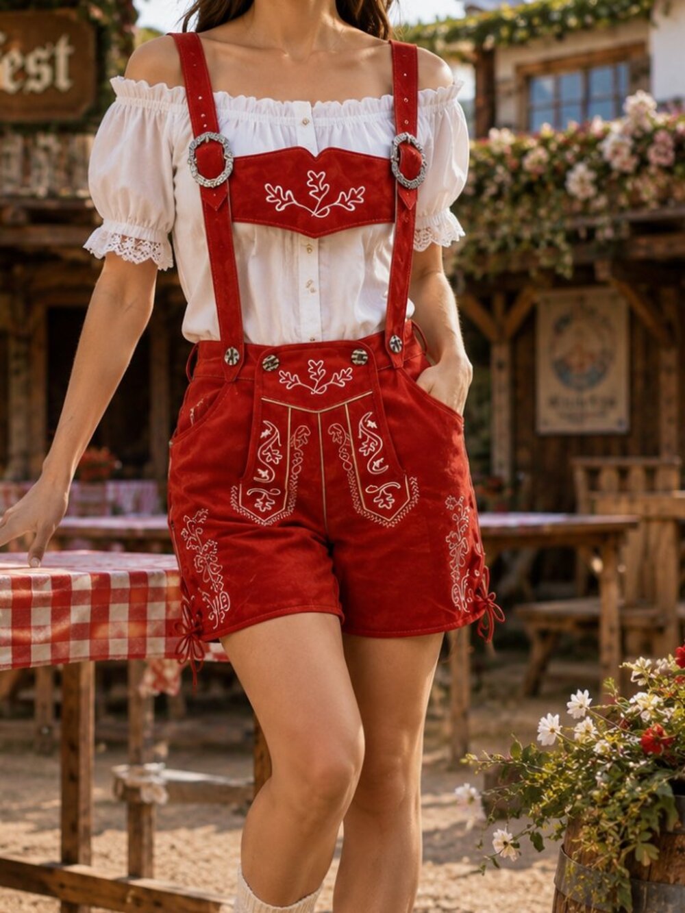 Women's Red Lederhosen Oktoberfest Outfit | Bavarian German Trachten Shorts